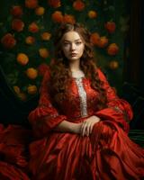 une femme dans une rouge robe séance dans de face de des roses génératif ai photo