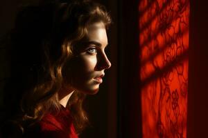 une femme dans une rouge robe à la recherche en dehors de une fenêtre génératif ai photo