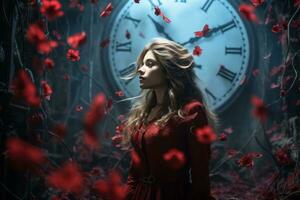 une femme dans une rouge robe permanent dans de face de une l'horloge génératif ai photo