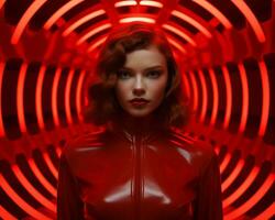 une femme dans une rouge latex costume permanent dans de face de une rouge tunnel génératif ai photo