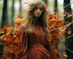 une femme dans une rouge robe permanent dans le les bois génératif ai photo