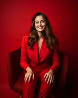 une femme dans une rouge costume séance sur une rouge chaise génératif ai photo