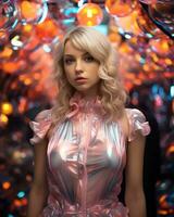 une femme dans une brillant robe permanent dans de face de coloré lumières génératif ai photo