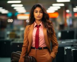 une femme dans une costume et attacher permanent dans un aéroport génératif ai photo