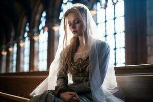 une femme dans une mariage robe séance sur une banc dans une église génératif ai photo