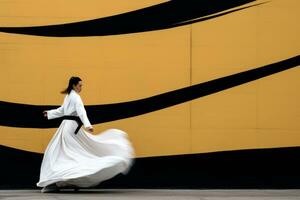 une femme dans une blanc robe est en marchant dans de face de une noir et Jaune mur génératif ai photo