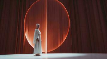 une femme dans une blanc robe permanent dans de face de une grand circulaire lumière génératif ai photo