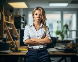 une femme dans une blanc chemise et bleu un pantalon est séance à sa bureau dans un Bureau génératif ai photo