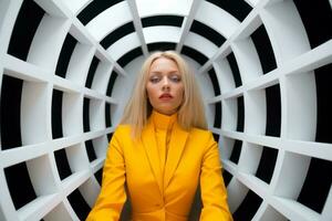 une femme dans une Jaune costume séance dans une blanc pièce génératif ai photo