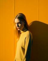 une femme dans une Jaune chandail est permanent dans de face de un Orange mur génératif ai photo