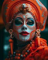 une femme dans un Orange et blanc costume avec maquillage génératif ai photo