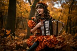 une femme dans un Orange robe en jouant un accordéon dans le les bois génératif ai photo