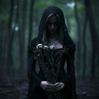 une femme dans noir en portant fleurs dans le les bois génératif ai photo