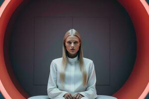 une femme dans blanc séance dans une rouge cercle génératif ai photo