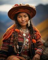 une femme dans traditionnel Vêtements et chapeau séance sur Haut de une Montagne génératif ai photo