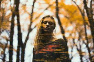 une femme est permanent dans de face de une forêt avec des arbres dans le Contexte génératif ai photo