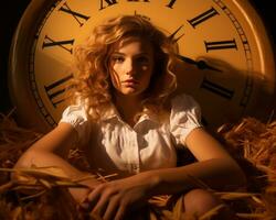 une femme séance dans une pile de foins suivant à une grand l'horloge génératif ai photo