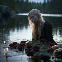 une femme séance dans le l'eau avec fleurs et bougies génératif ai photo