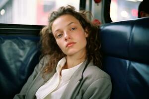 une femme séance sur une autobus avec sa yeux fermé génératif ai photo