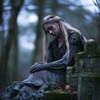 une femme séance sur une pierre tombale dans le les bois génératif ai photo