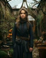 une femme permanent dans une jardin avec mis en pot les plantes génératif ai photo