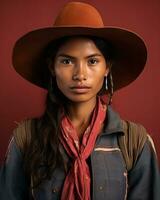 une femme portant une cow-boy chapeau et écharpe génératif ai photo