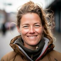 une femme portant une marron veste génératif ai photo