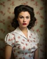 une femme portant une floral robe et rouge rouge à lèvres génératif ai photo