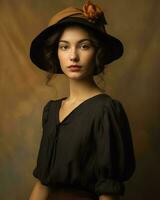 une femme portant une chapeau et noir robe génératif ai photo