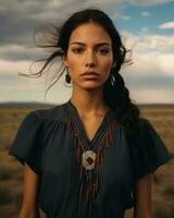 une femme portant une originaire de américain style Collier dans le désert génératif ai photo