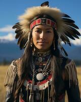 une femme portant un Indien coiffure dans une champ génératif ai photo