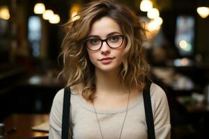 une femme portant des lunettes dans une restaurant génératif ai photo