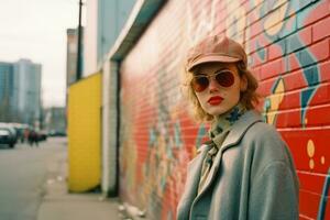 une femme portant des lunettes de soleil et une chapeau des stands dans de face de une graffiti mur génératif ai photo