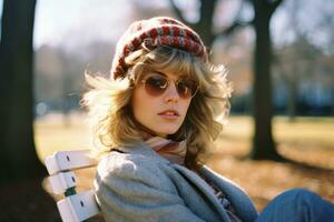 une femme portant des lunettes de soleil et une chapeau séance sur une parc banc génératif ai photo