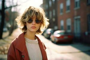 une femme portant des lunettes de soleil et une rouge veste permanent sur une rue génératif ai photo