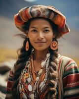 une femme portant traditionnel Vêtements et des boucles d'oreilles dans le montagnes génératif ai photo