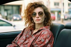 une femme portant des lunettes de soleil séance dans le retour siège de une voiture génératif ai photo