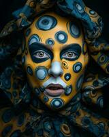 une femme avec une visage peint avec cercles génératif ai photo