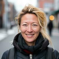 une femme avec blond cheveux et une noir veste sourit pour le caméra génératif ai photo