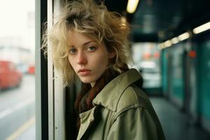 une femme avec blond cheveux séance sur une train à la recherche en dehors le fenêtre génératif ai photo