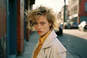 une femme avec blond cheveux permanent sur une ville rue génératif ai photo