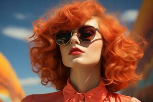 une femme avec brillant rouge cheveux et des lunettes de soleil génératif ai photo