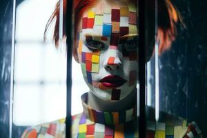 une femme avec coloré peindre sur sa visage génératif ai photo