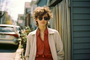 une femme avec frisé cheveux et des lunettes de soleil permanent dans de face de une maison génératif ai photo