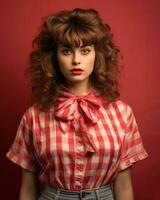 une femme avec frisé cheveux portant une à carreaux chemise génératif ai photo