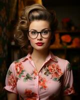 une femme avec des lunettes et une floral chemise génératif ai photo