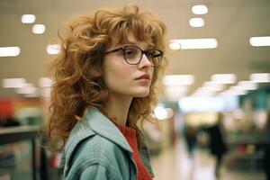 une femme avec des lunettes et rouge cheveux dans un aéroport génératif ai photo