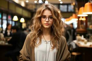 une femme avec des lunettes permanent dans une restaurant génératif ai photo