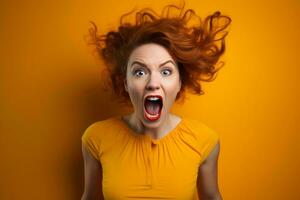 une femme avec sa bouche ouvert sur un Orange Contexte génératif ai photo