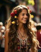 une femme avec longue frisé cheveux et fleurs dans sa cheveux génératif ai photo